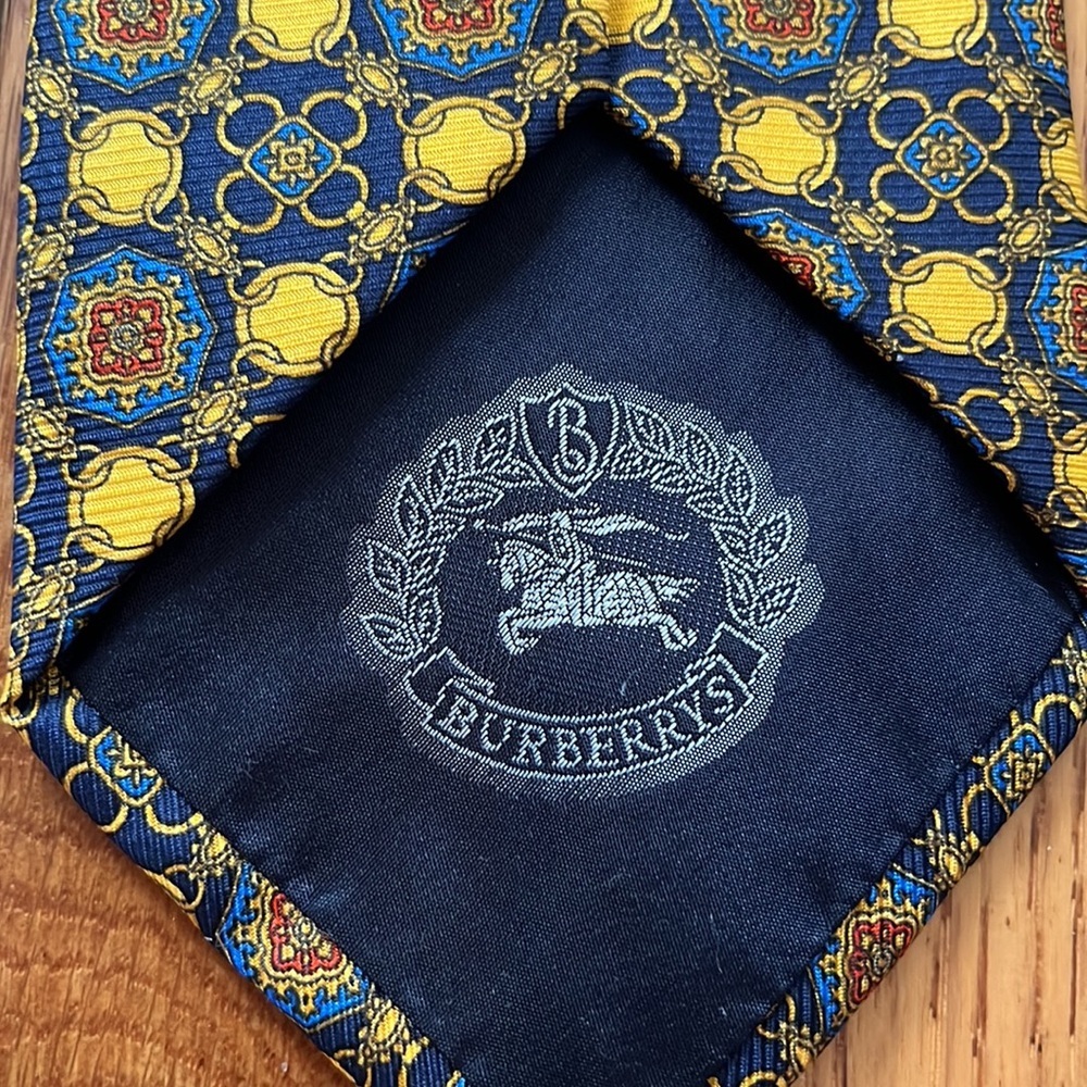 Vintage Burberry Silk Tie Blue Yellow Gold Burberrys London Wedding‎ Formal - Picture 4 of 6